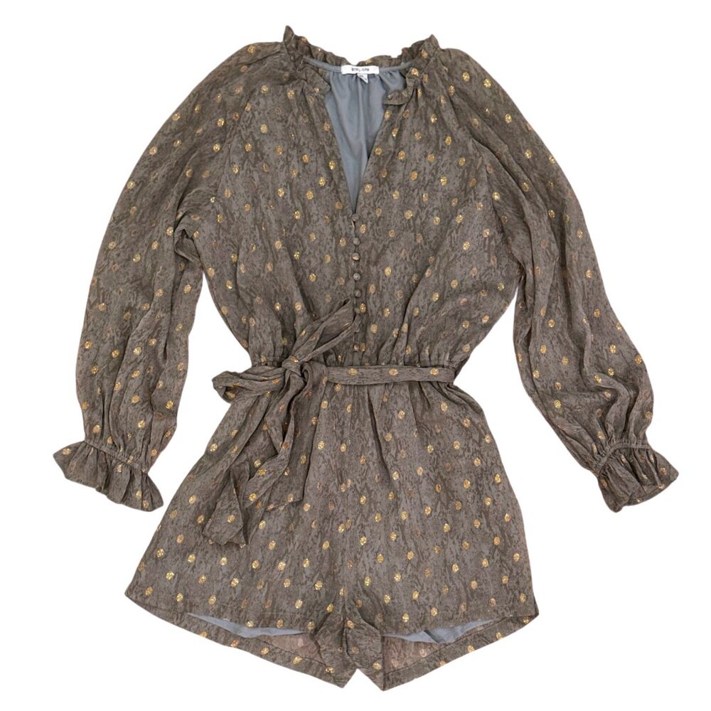 Woven Brown Metallic Dot Long Sleeve Romper with Waist Tie